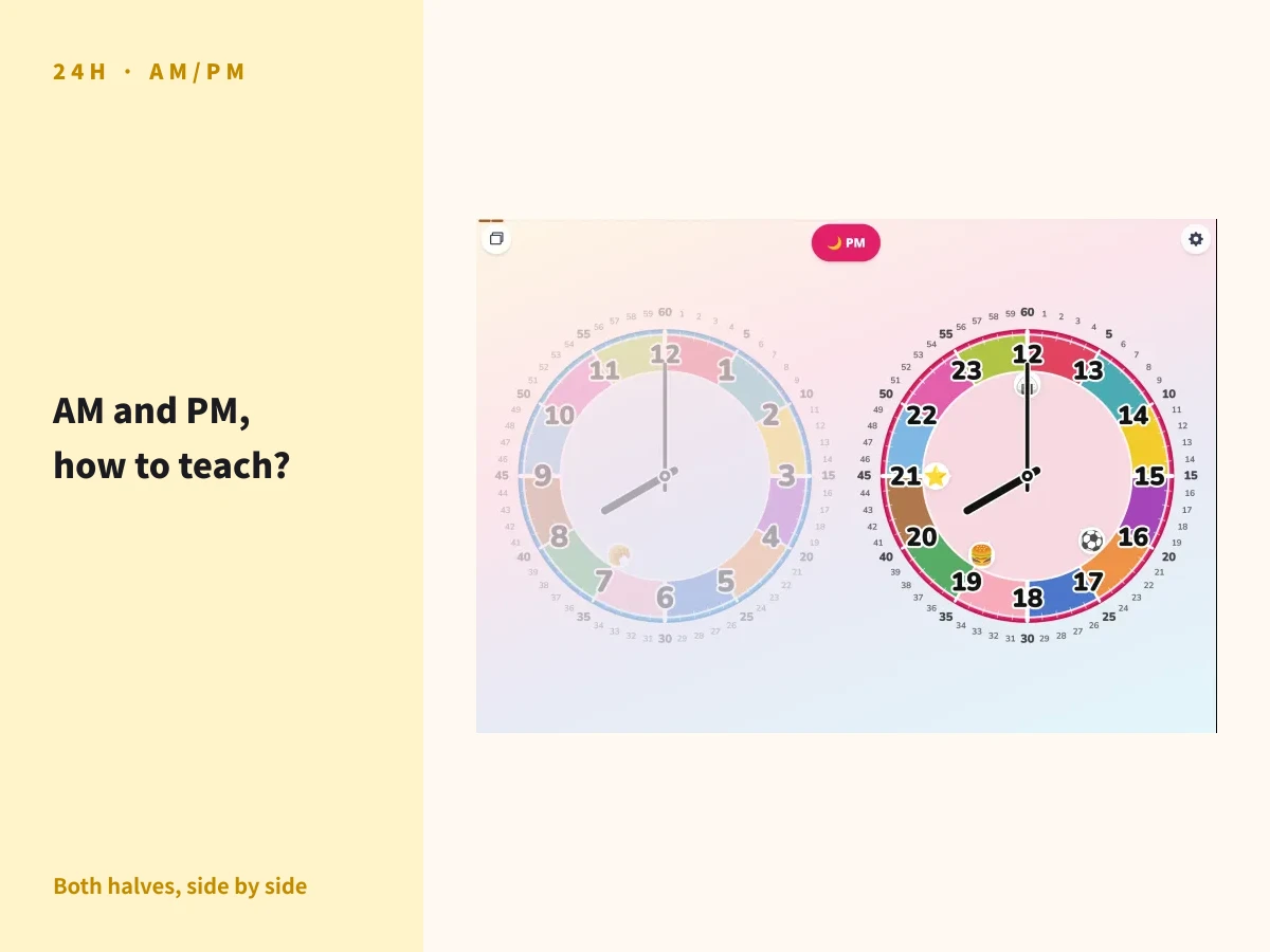 Futatoki the Learning Clock App showing AM and PM faces side by side — two analog clocks laid out next to each other so a child can see the morning/evening conversion, a free browser-based clock app for kids.