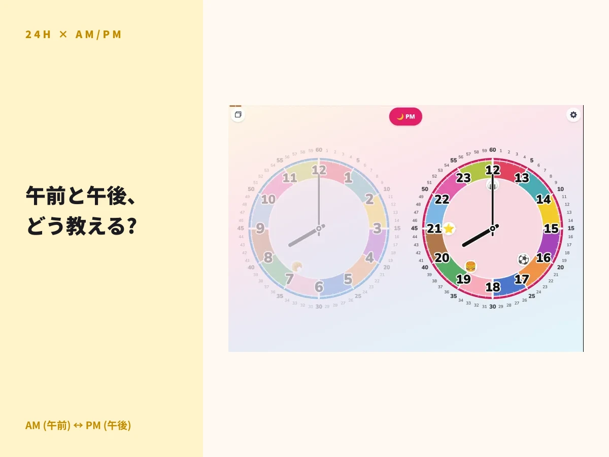 AM (午前) と PM (午後) の二つの盤を並べて表示する知育時計ふたときアプリ — 1日は24時間あることと、午前と午後の違いを子どもに教えるためのアナログ時計