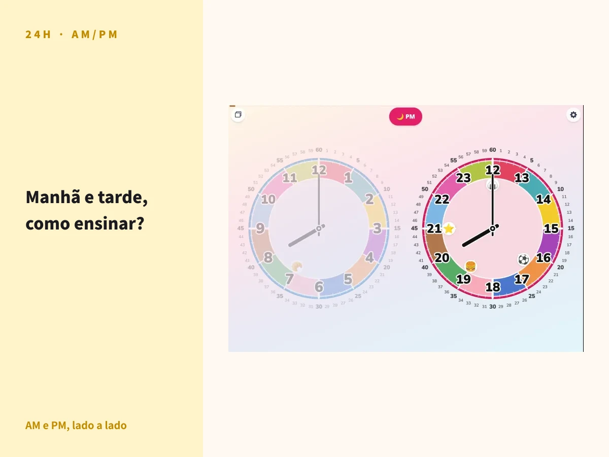 Tela do Futatoki Relógio Educativo App com mostradores de AM e PM lado a lado — dois relógios de ponteiro colocados um ao lado do outro, para a criança enxergar a diferença entre manhã e tarde, num app de relógio gratuito para crianças que abre direto no navegador.