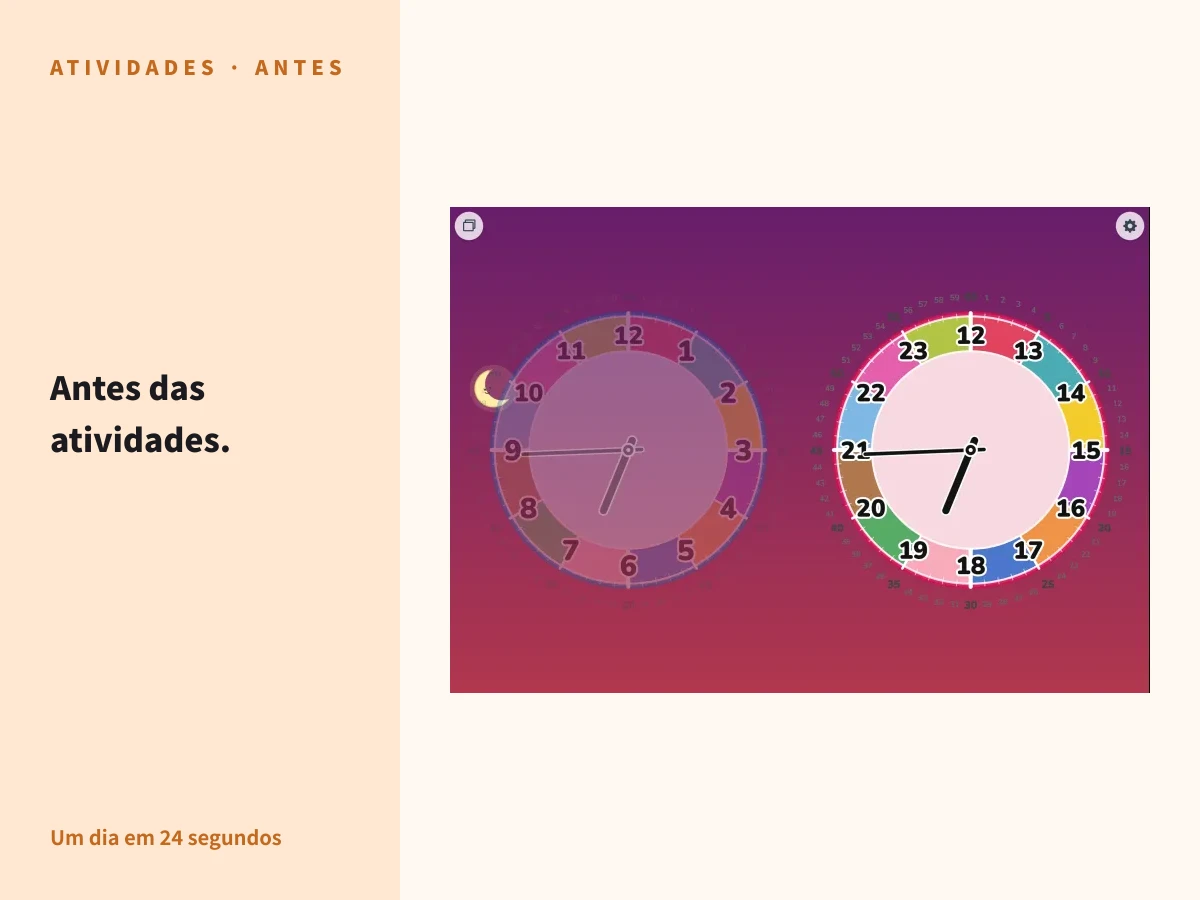"Antes das atividades." — um tablet com os mostradores AM e PM do Futatoki Relógio Educativo App lado a lado e os ponteiros girando na rotação automática, imagem de capa deste artigo