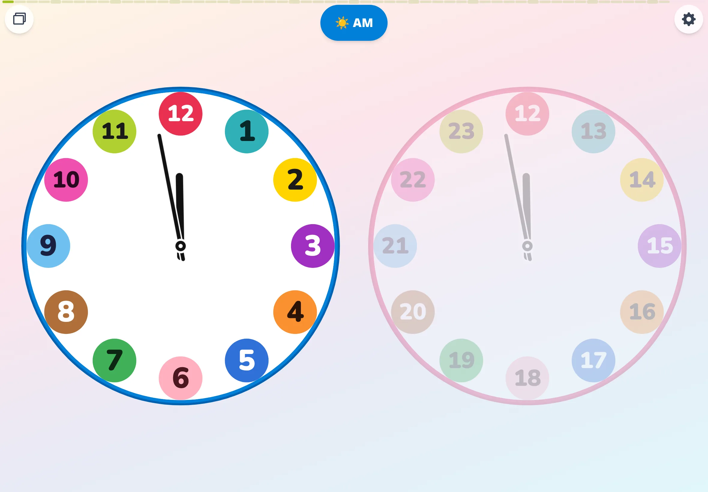 12を真上に固定した24時間表記の知育時計ふたときアプリのタブレット画面 - 0や24は表示せず12だけ特別な位置にある子供向けアナログ時計アプリ