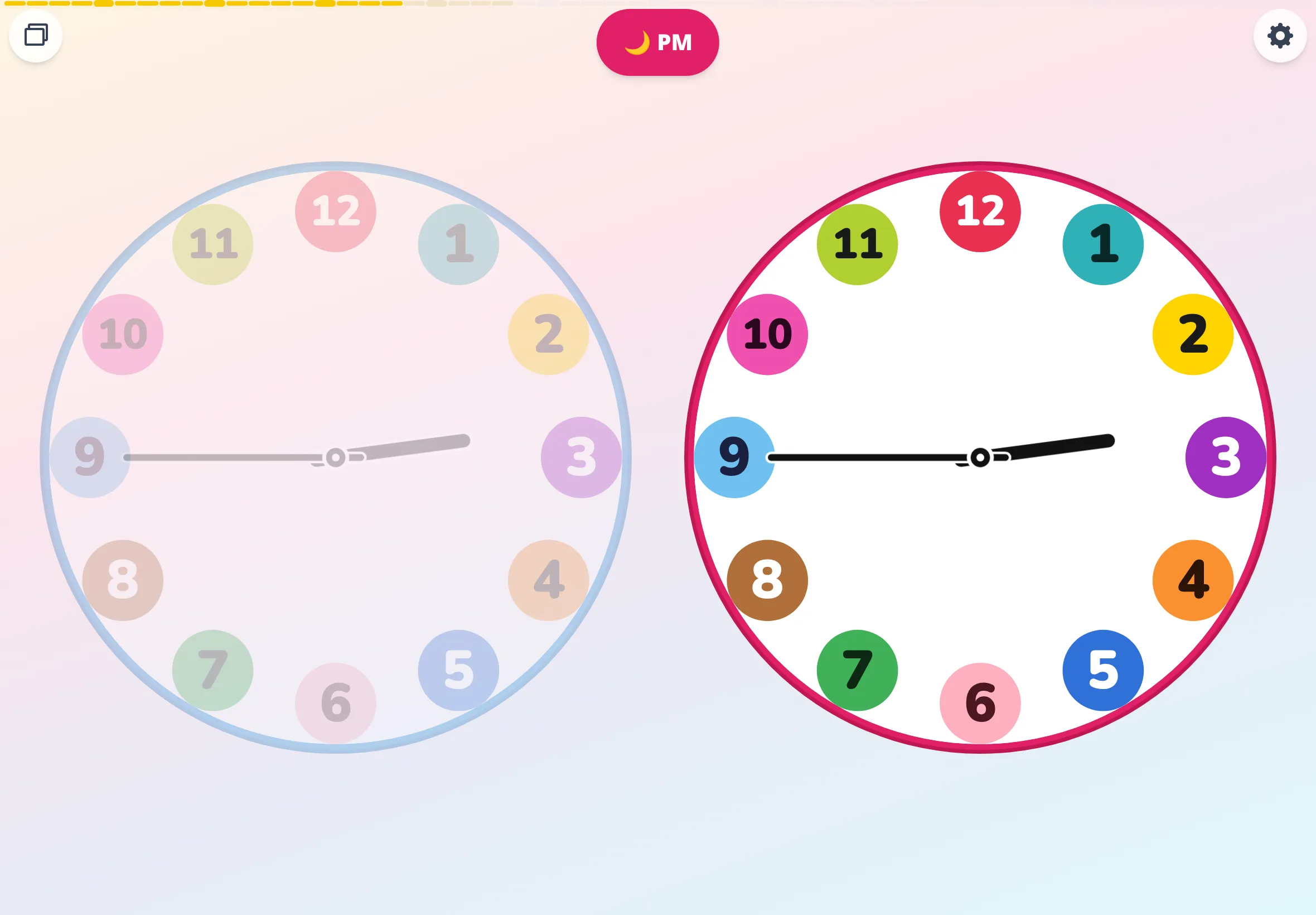 Tablet view of Futatoki the Learning Clock App in minimal setup — 1–12 color badges with the short hand pointing to one color, a free kids' analog clock app.