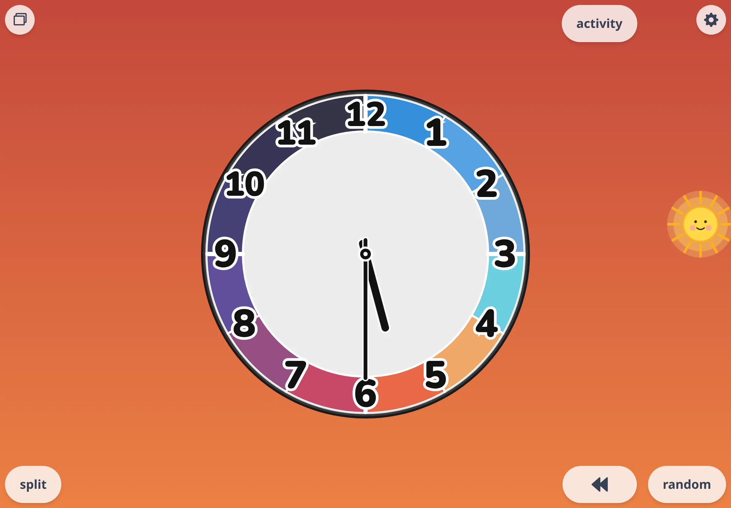 Futatoki the Learning Clock App in sky-colors palette, stacked view, right after the random button was tapped — hands moving to a new time, a kids' clock-reading practice app, free in the browser.