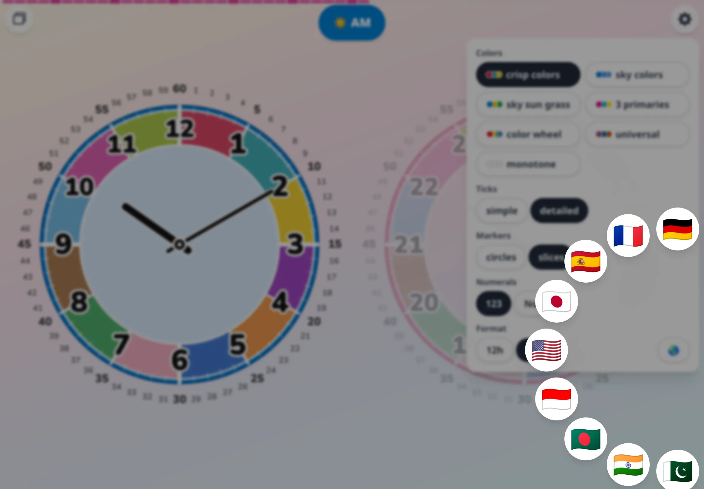 Futatoki the Learning Clock App's language ring — flags arranged along a rounded rectangle.