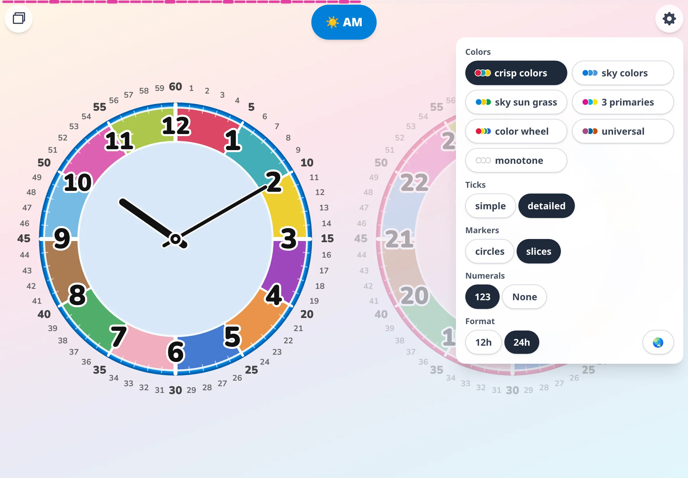 Futatoki the Learning Clock App's settings panel — at the bottom right is the globe (🌏) button for changing language.