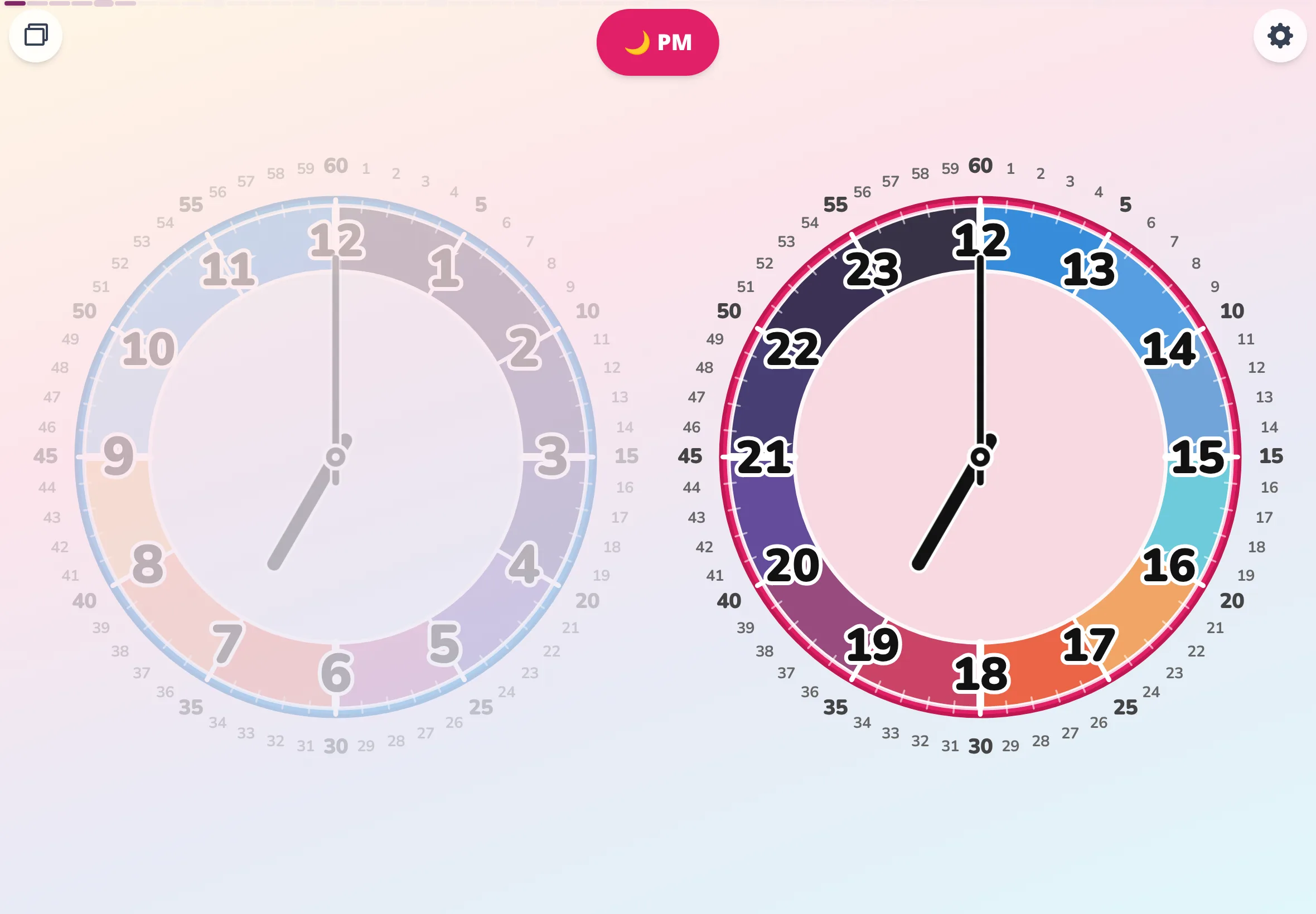 Futatoki Relógio Educativo App com paleta cores do céu marcando 19:00 — mostrador de PM em roxo do entardecer e o de AM claro ao lado, neste app de relógio para crianças.