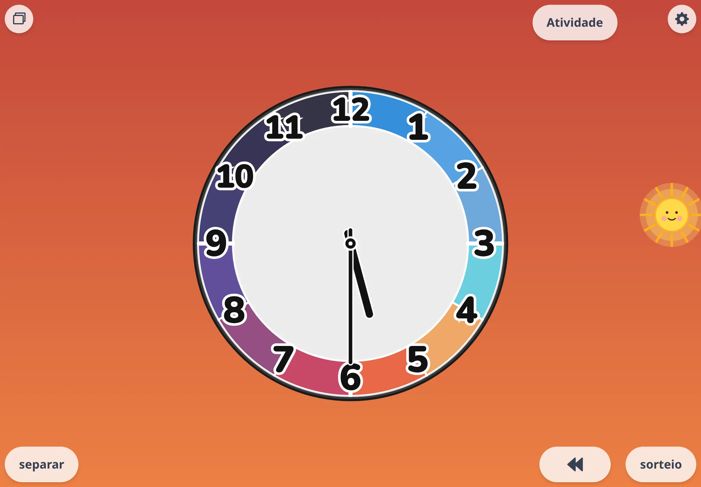Futatoki Relógio Educativo App na paleta cores do céu, modo juntar, logo depois de apertar o botão sorteio — os ponteiros se mexem para outra hora neste app de relógio educativo gratuito no navegador.