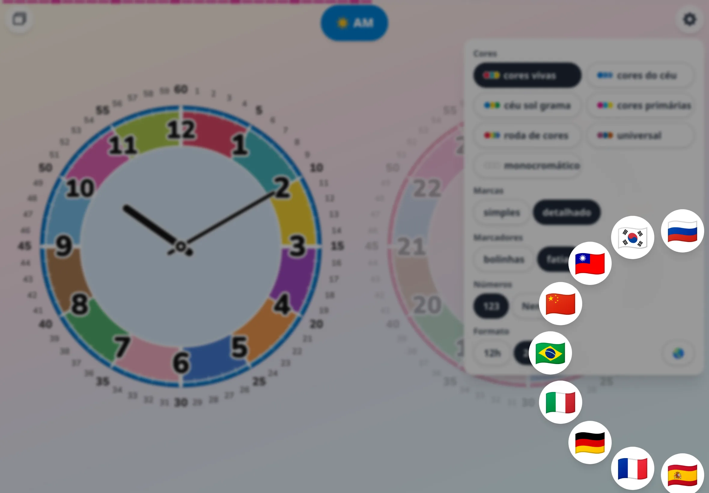 Anel de idiomas do Futatoki Relógio Educativo App — bandeiras dispostas ao redor de um retângulo arredondado.
