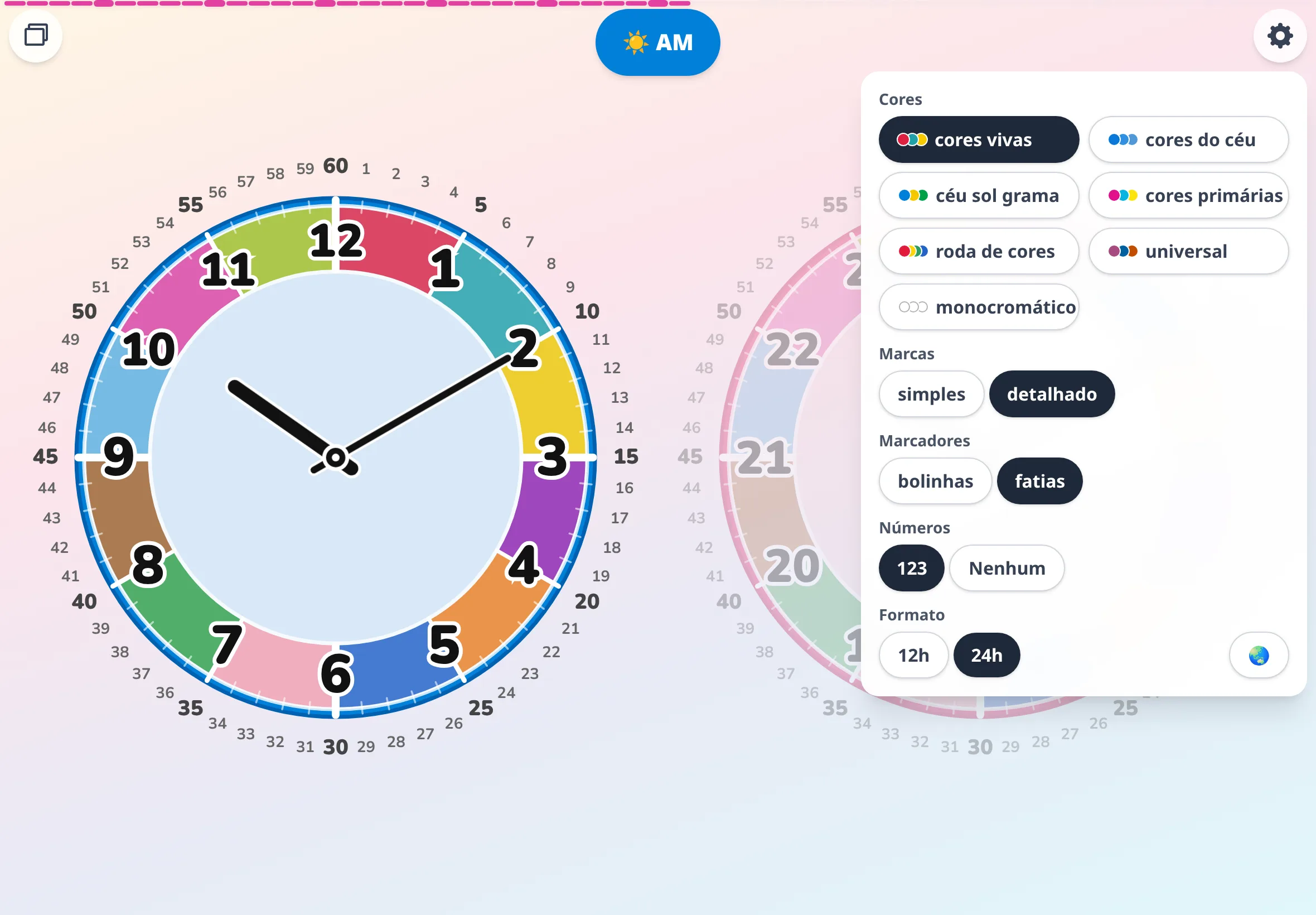Painel de configurações do Futatoki Relógio Educativo App — no canto inferior direito fica o botão de globo (🌏) para trocar de idioma.