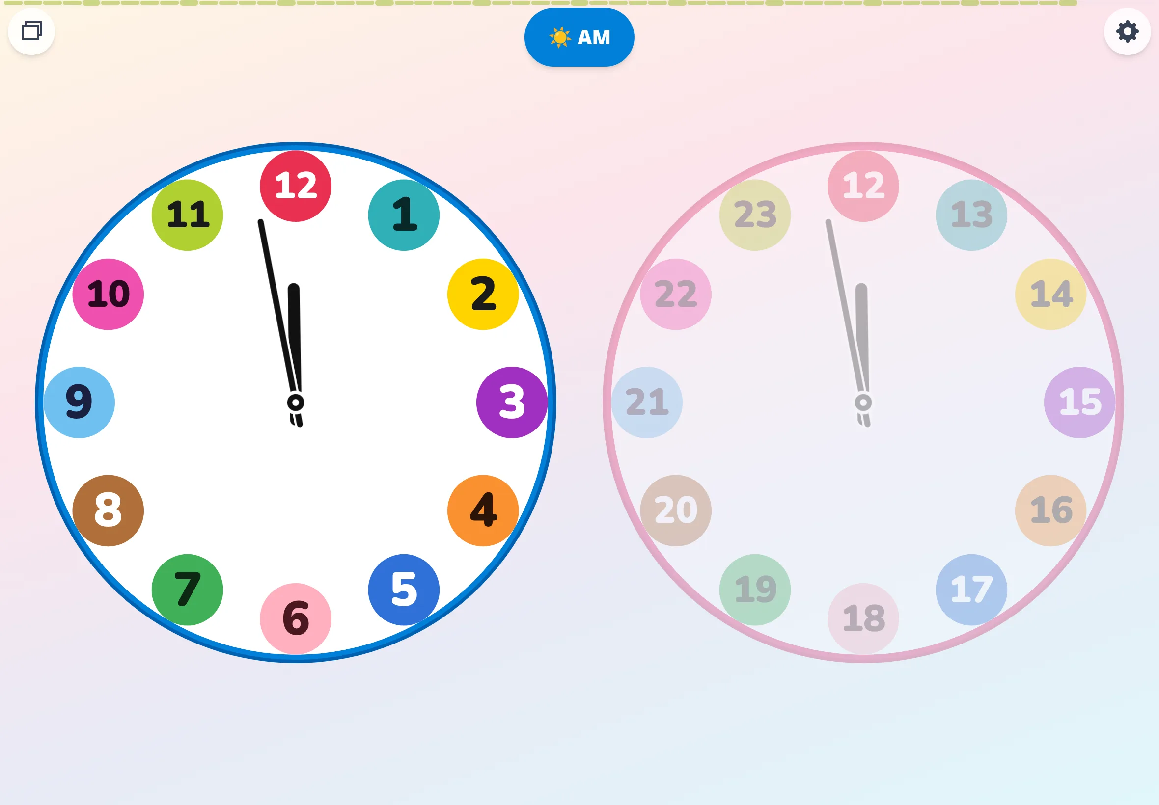 Close-up of the Futatoki clock face — the number 12 stays fixed at the top while the PM side shows 13 through 23, a kids' clock app.