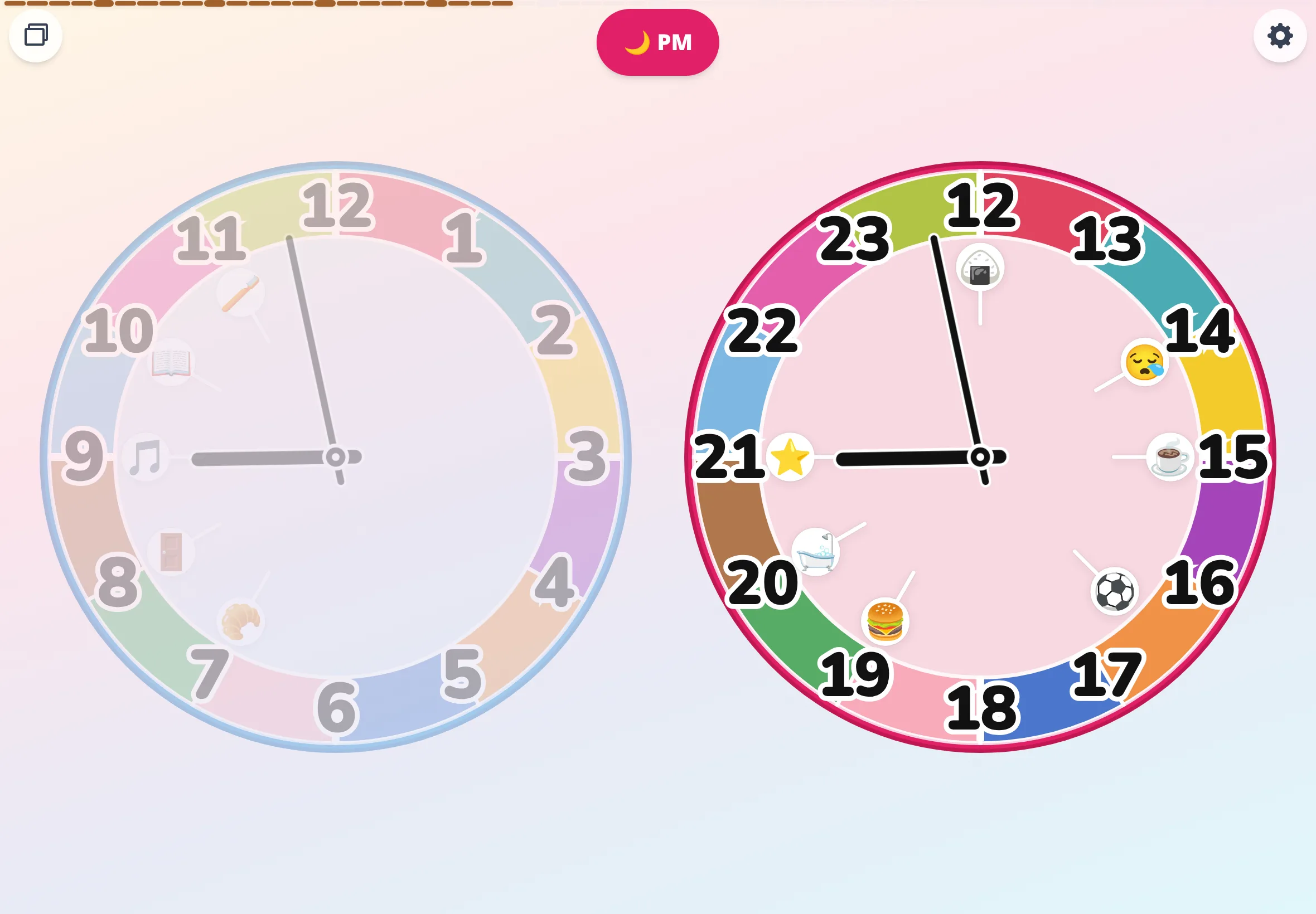 Futatoki the Learning Clock App screen with 'activity' icons placed on the clock — drop stamps for breakfast or bath onto the face, the activity feature of the kids' clock app.