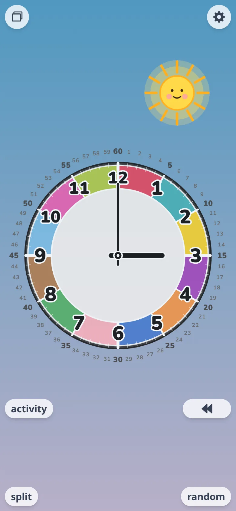 Futatoki the Learning Clock App on a phone in free spin mode — drag anywhere on the screen to move the hands, the free spin mode of a browser-based kids' clock app.