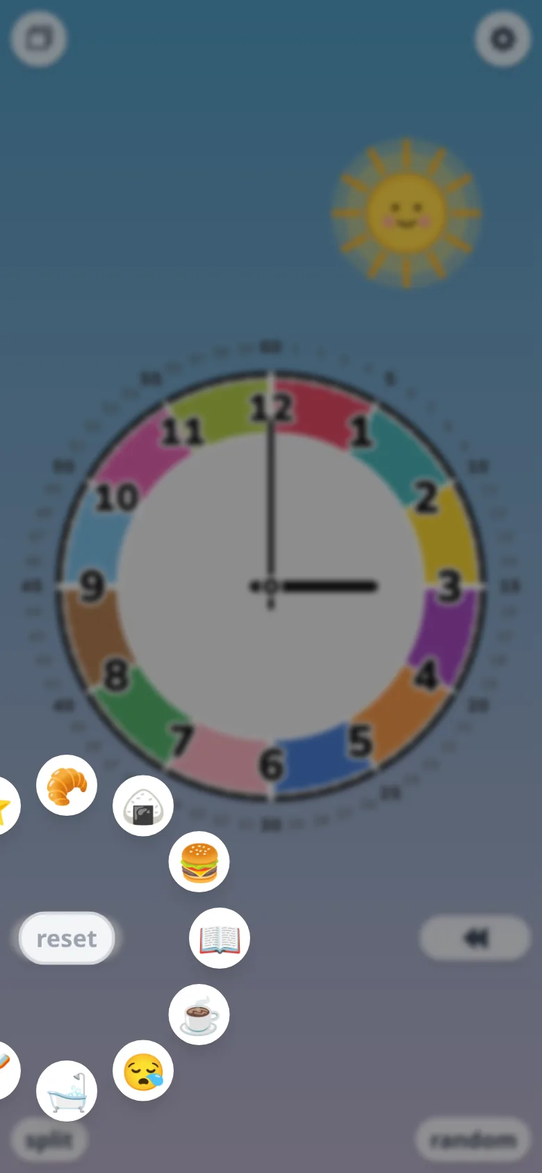 Futatoki the Learning Clock App on a phone in free spin with the 'activity' menu open — drop activity icons like breakfast, lunch, dinner, or bath onto a time on the clock; a sub-feature of the kids' clock app.