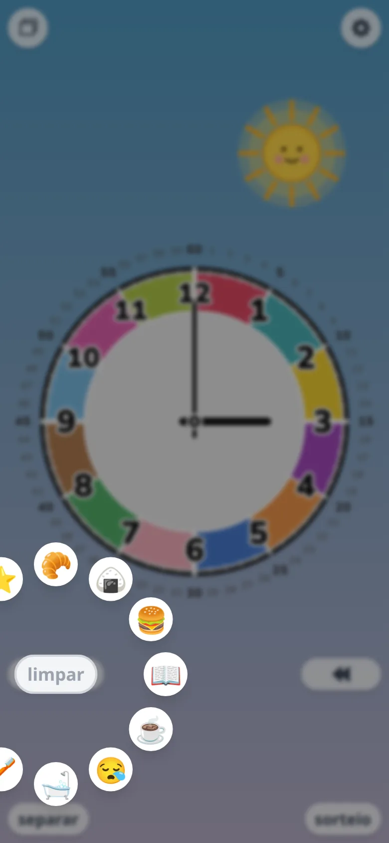 Futatoki Relógio Educativo App no celular em modo girar livre com o menu 'Atividade' aberto — coloca ícones como café, almoço, jantar ou banho num horário do mostrador; um recurso secundário do relógio para crianças.