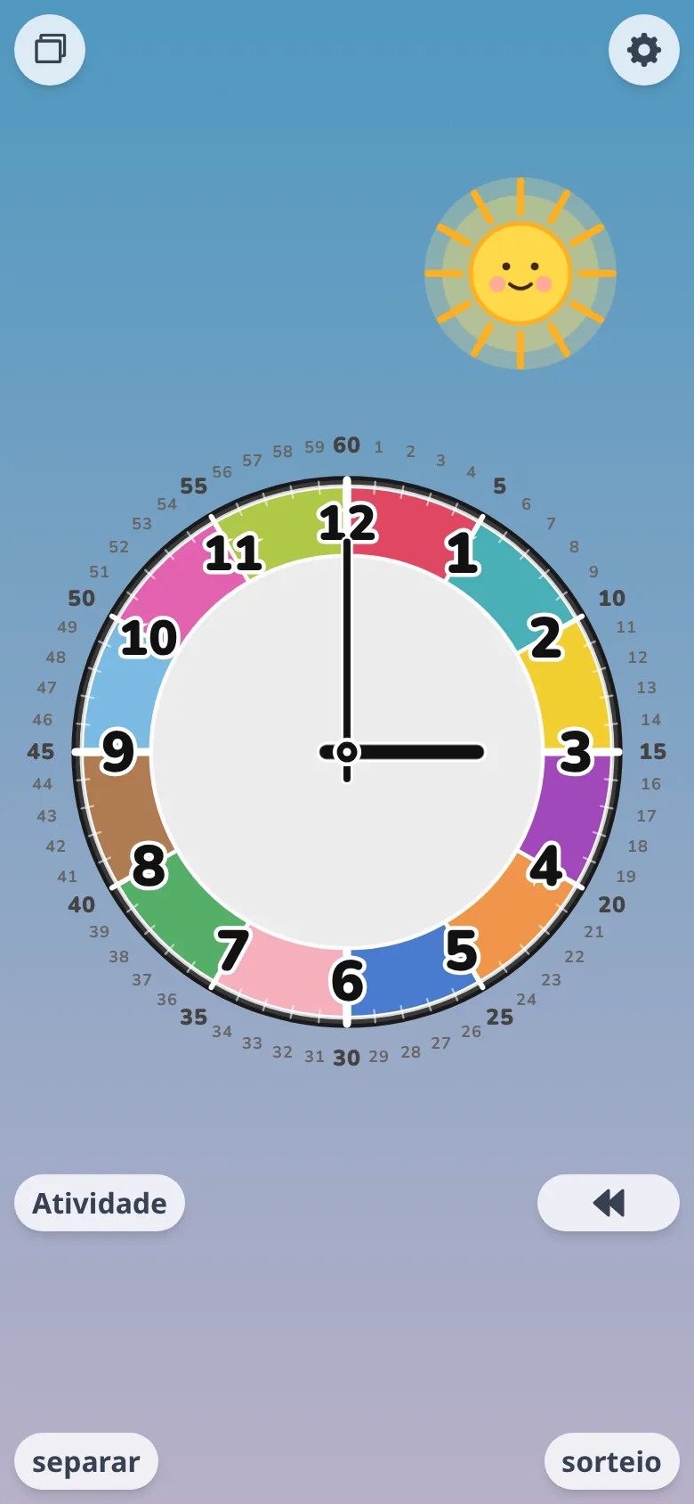 Celular com o Futatoki Relógio Educativo App no modo girar livre — arrastando em qualquer ponto da tela, os ponteiros giram neste app infantil de relógio que roda no navegador.