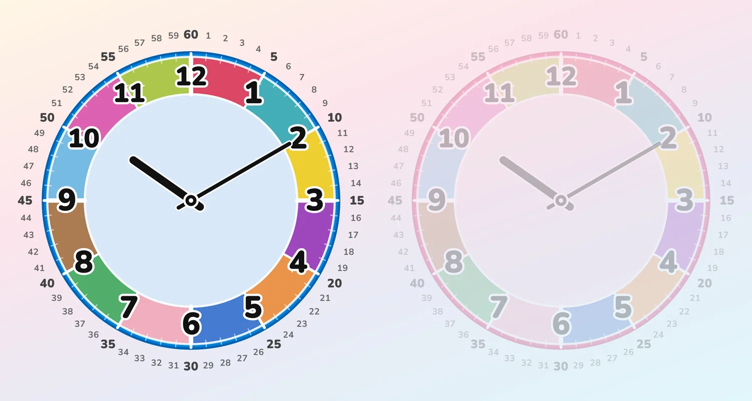Futatoki the Learning Clock App showing AM and PM faces side by side — a free browser-based clock app for kids learning to tell time, no install or sign-up required.