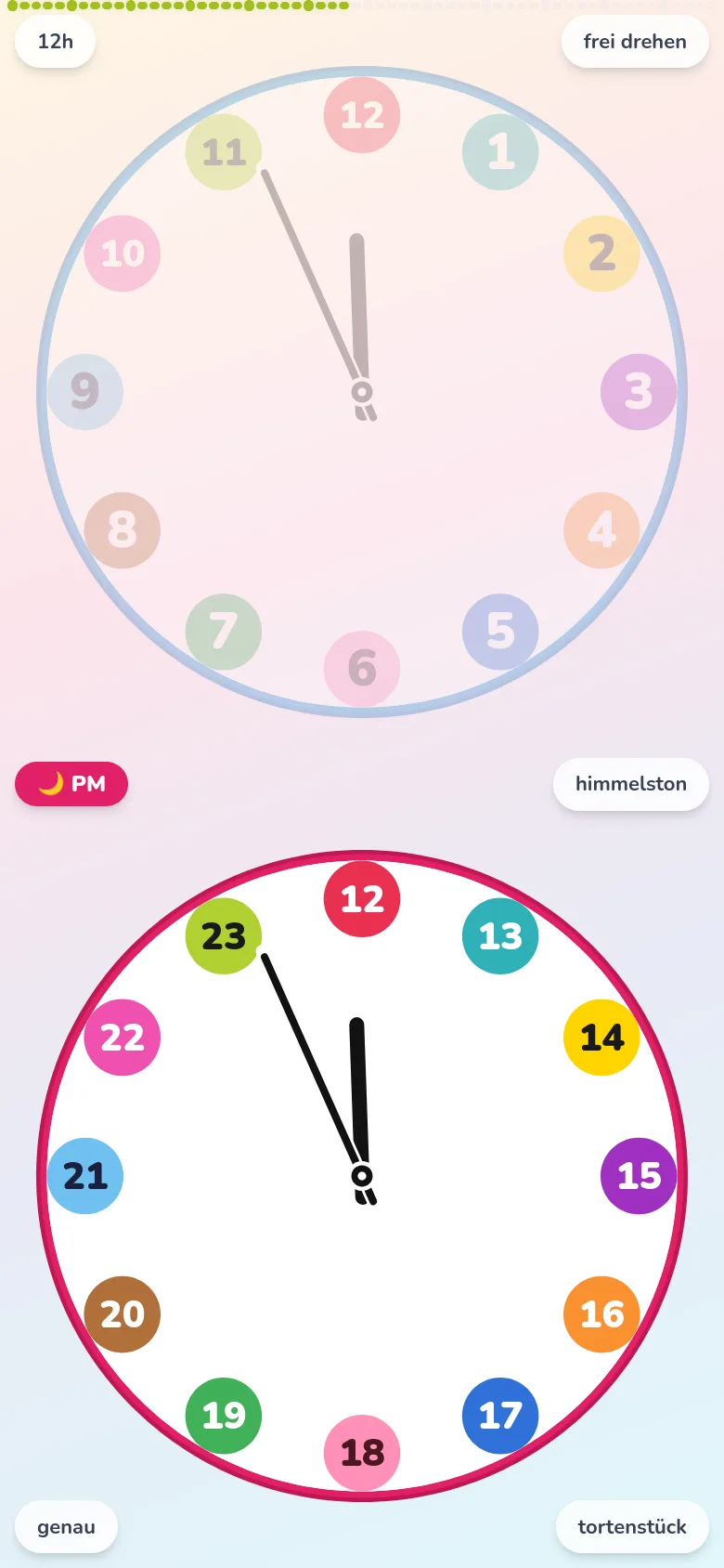 Futatoki the clock im minimalen Aufbau: die Minutenskala ist ausgeblendet, große farbige Badges 1–12 oben und PM 13–23 unten.