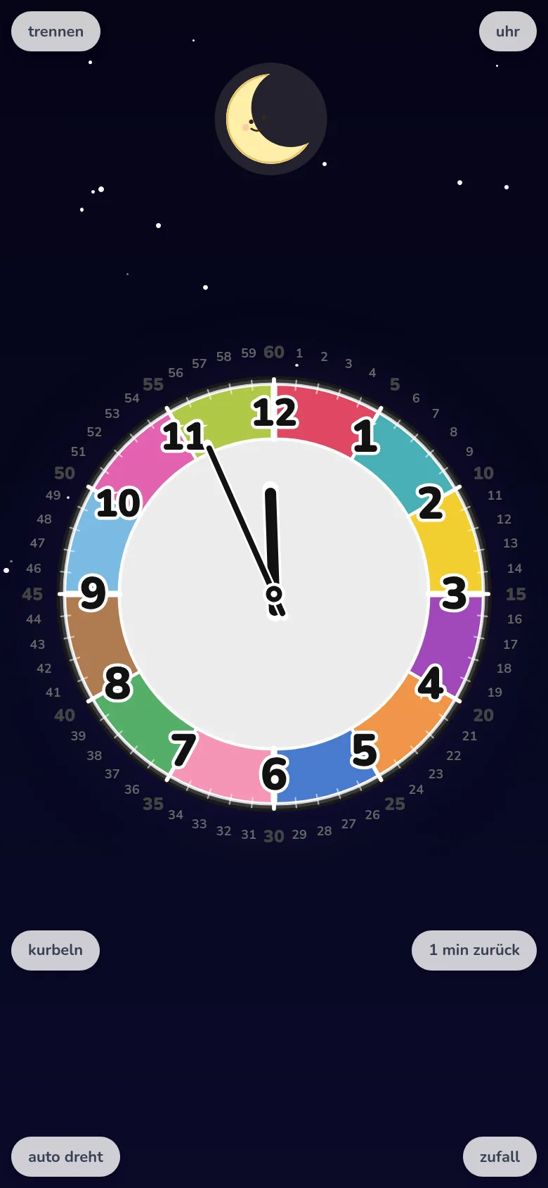 Ein Smartphone, auf dem das Uhrenlesen geübt wird – der freie Dreh-Modus der Lernuhr-App Futatoki the clock.