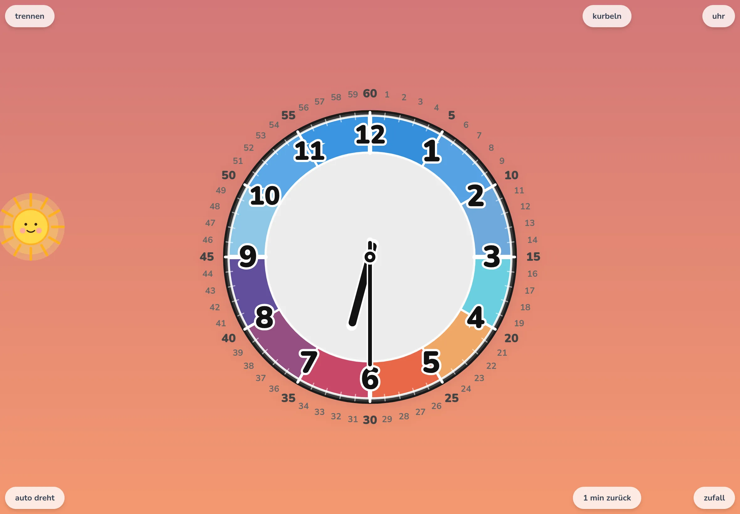 Futatoki the clock mit der Palette „Himmelsfarben“, zusammengelegt, direkt nach einem Tipp auf „Zufall“: nur die Zeiger sind auf eine neue Uhrzeit gesprungen.