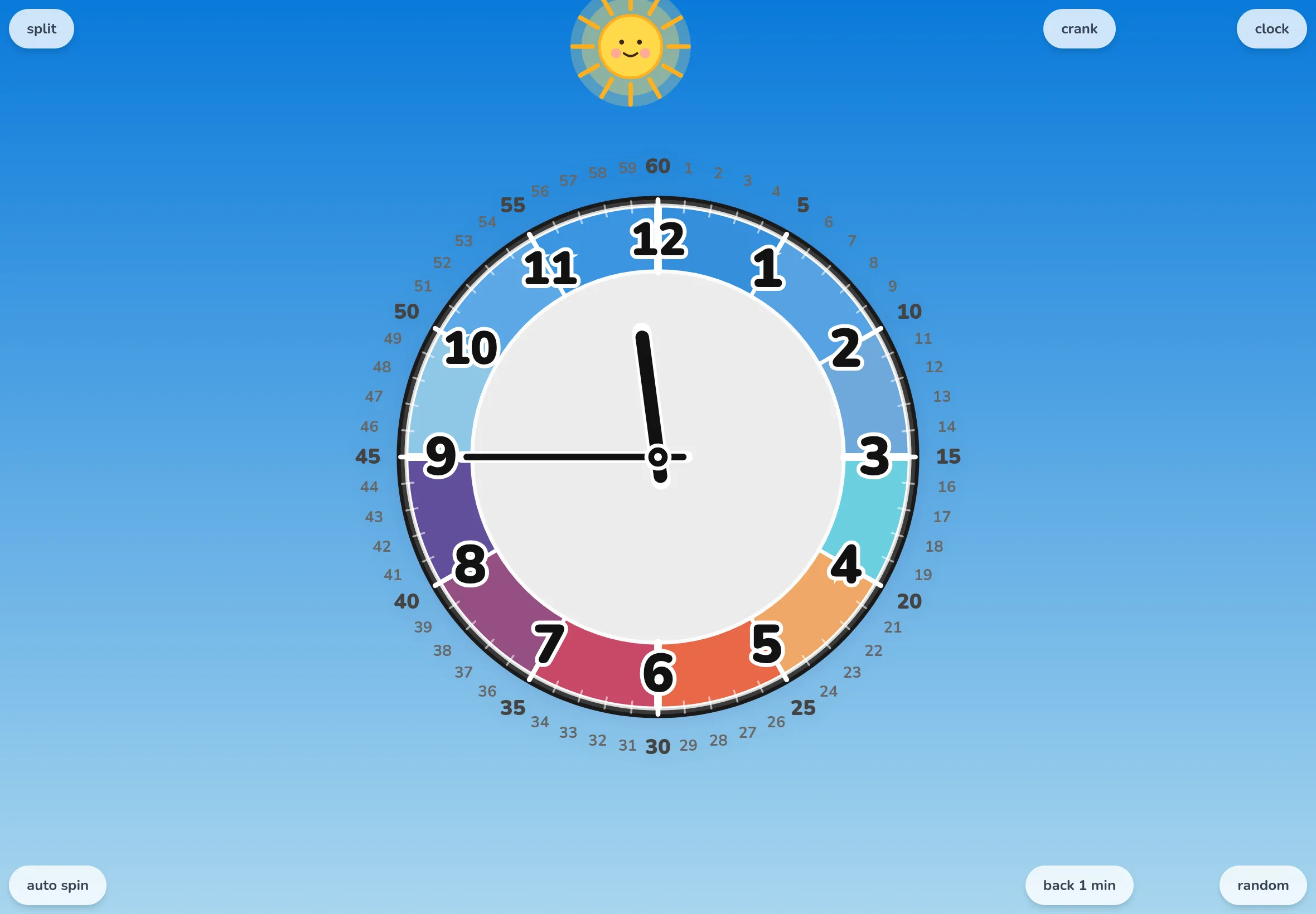 Futatoki the clock in Sky Colors × Merge mode, right after pressing random — only the hands have moved smoothly to a new time.