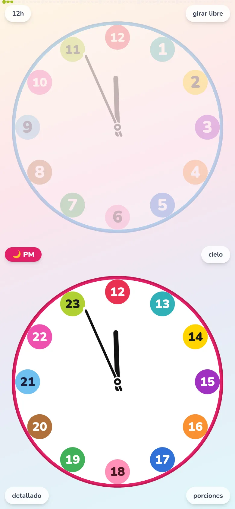 La app Futatoki the clock en su configuración mínima: sin los minutos del borde, con grandes insignias de colores del 1 al 12 arriba y del 13 al 23 (PM) abajo.