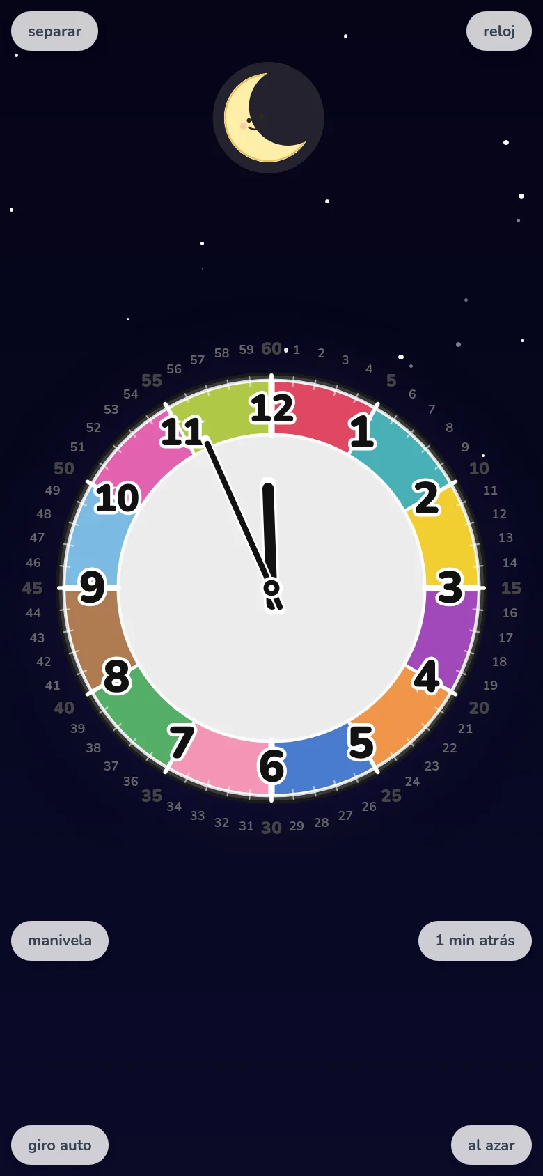 Pantalla de móvil con un niño practicando la lectura de la hora: modo de rotación libre de la app de reloj educativo Futatoki the clock.