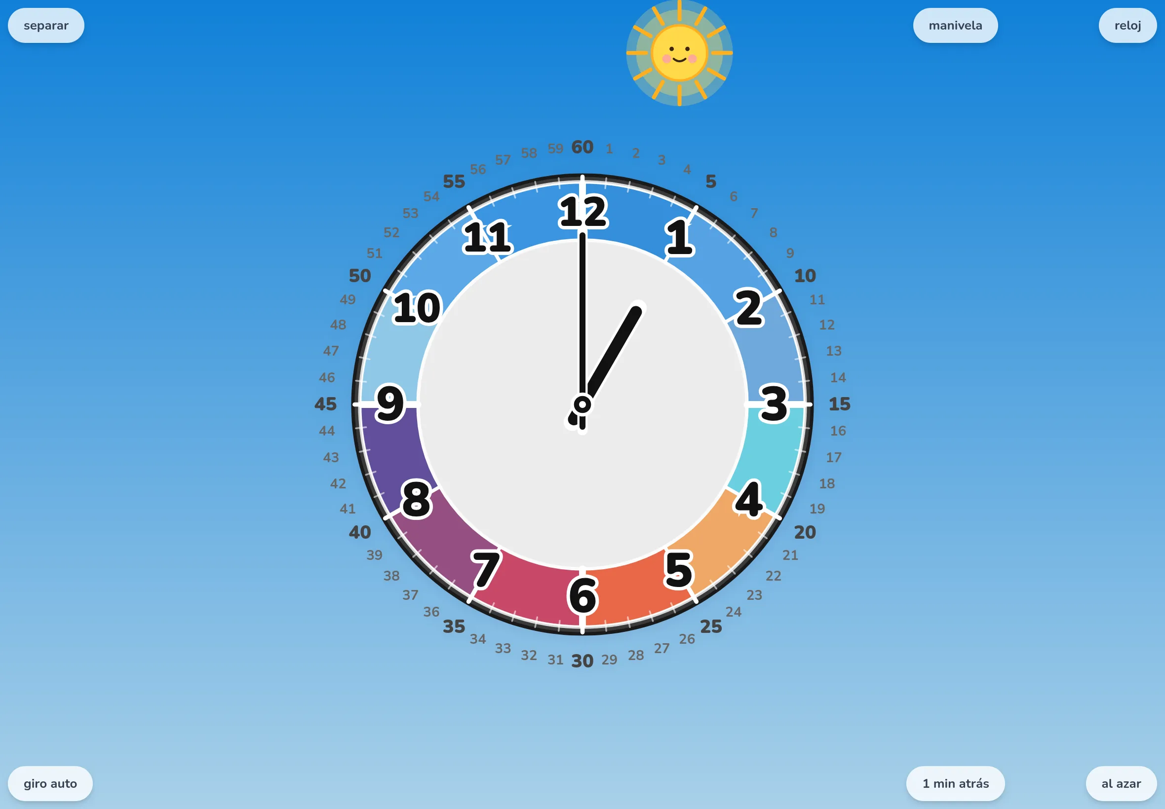 La app Futatoki the clock en paleta "colores del cielo" con "merge" y, justo tras pulsar "aleatorio", solo las manecillas desplazadas a una hora nueva.