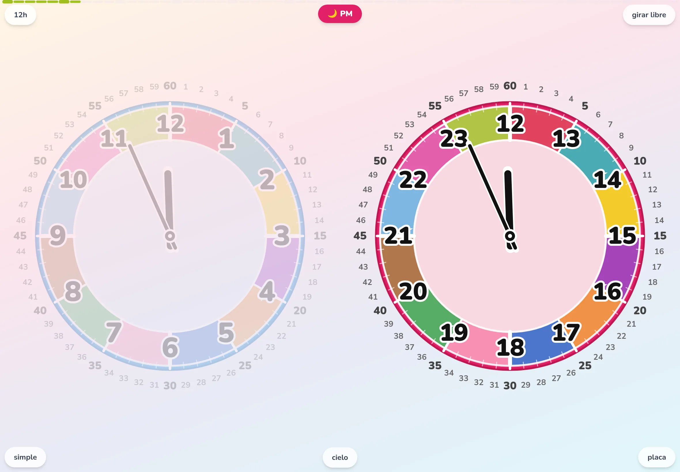La app Futatoki the clock en modo detailed: los minutos del 1 al 60 aparecen alrededor y se ve cómo la aguja larga marca los minutos en el reloj educativo.