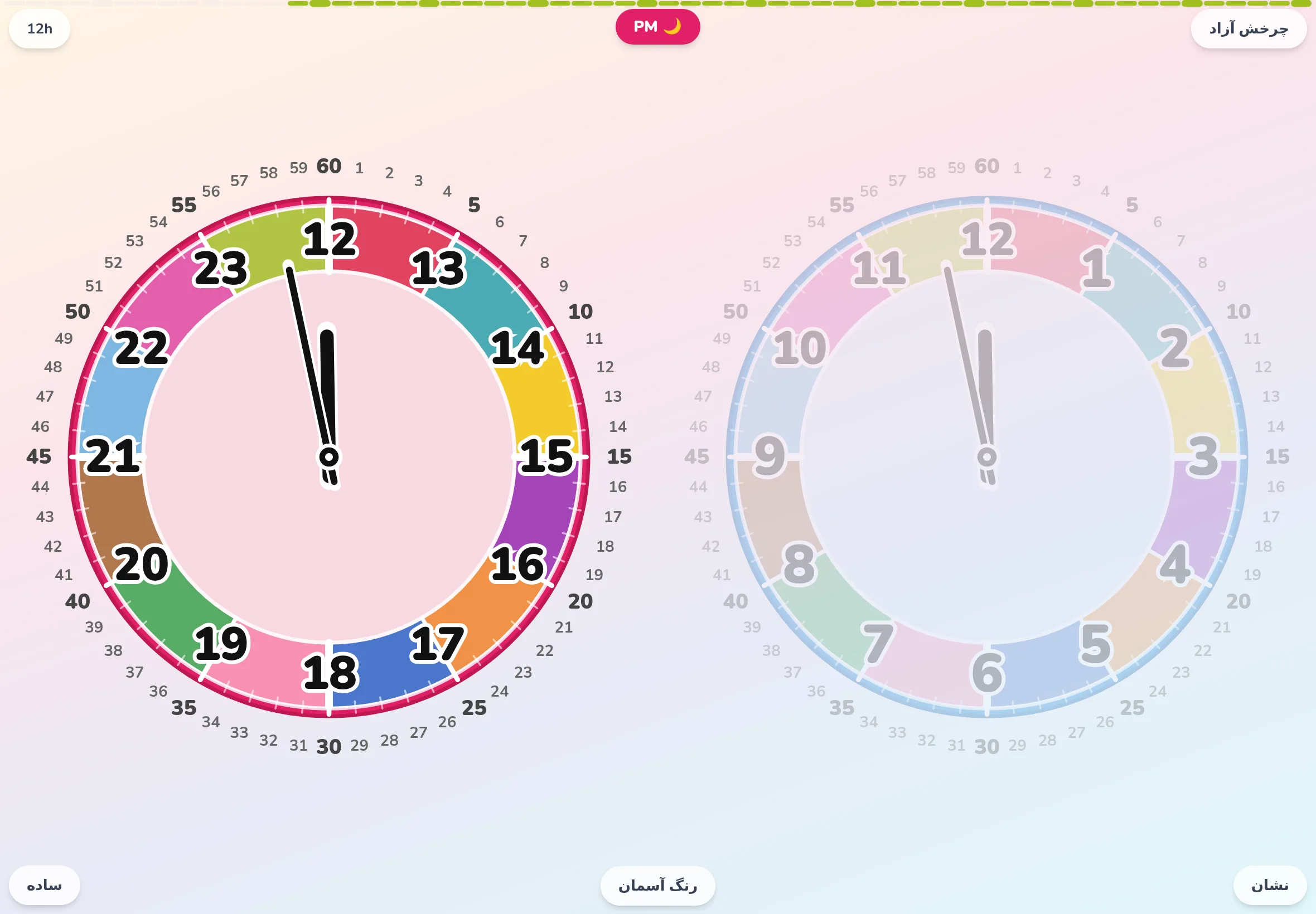 Futatoki the clock در حالت کامل؛ اعداد ۱ تا ۶۰ روی حلقه‌ی بیرونی چیده شده‌اند و سازوکار اشاره‌ی عقربه‌ی بلند به دقیقه، به‌روشنی دیده می‌شود