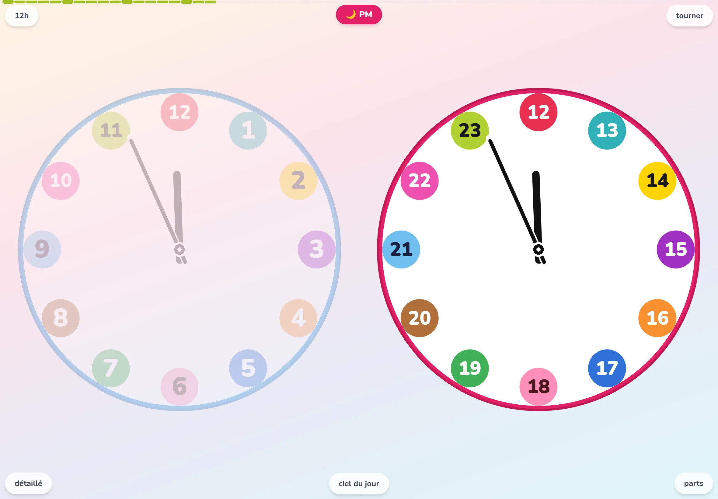 Écran de l'horloge éducative Futatoki the clock ouverte sur tablette : une horloge analogique dont chacune des 12 heures est peinte d'une couleur différente en secteurs