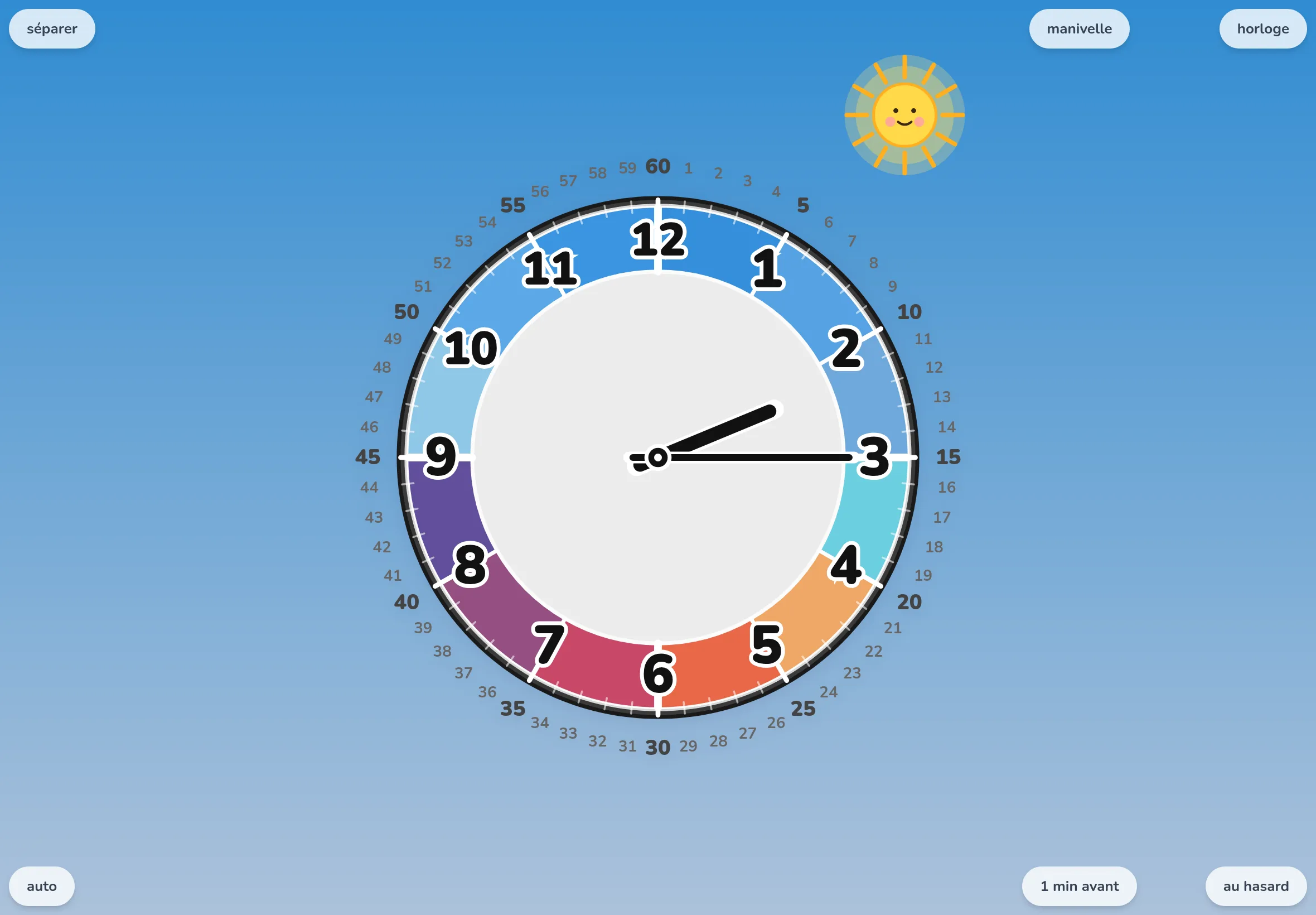 Futatoki the clock en palette Couleurs du ciel et mode fusionner, juste après avoir appuyé sur le bouton aléatoire : seules les aiguilles ont glissé vers une nouvelle heure libre