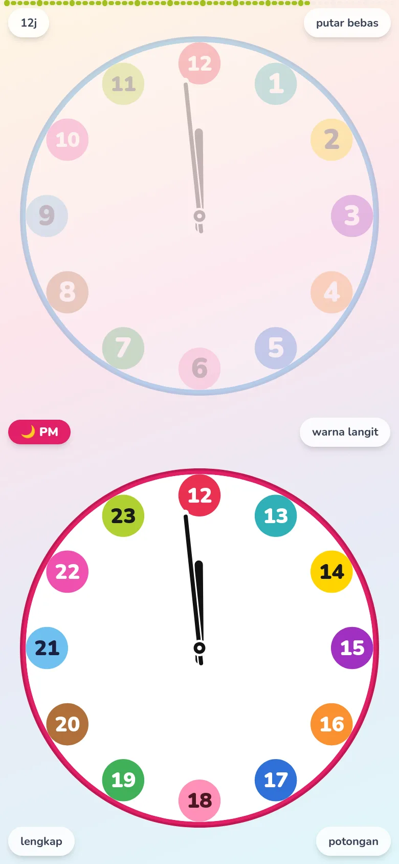 Layar Futatoki the clock dalam konfigurasi paling minimum. Angka menit di tepi luar dihilangkan, hanya lencana besar berwarna 1–12 dan di bawahnya PM 13–23