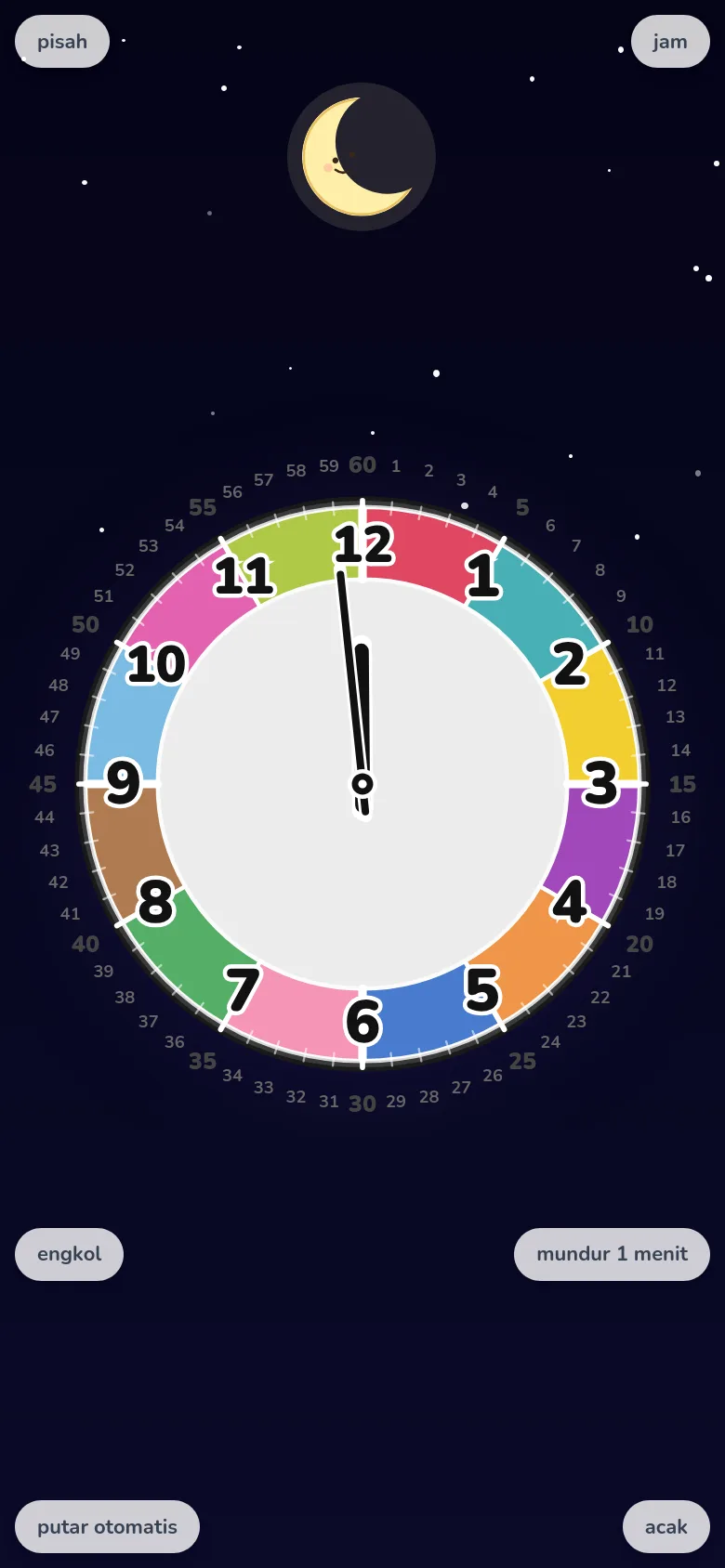 Layar latihan membaca jam di HP. Mode putar bebas aplikasi jam edukasi Futatoki the clock