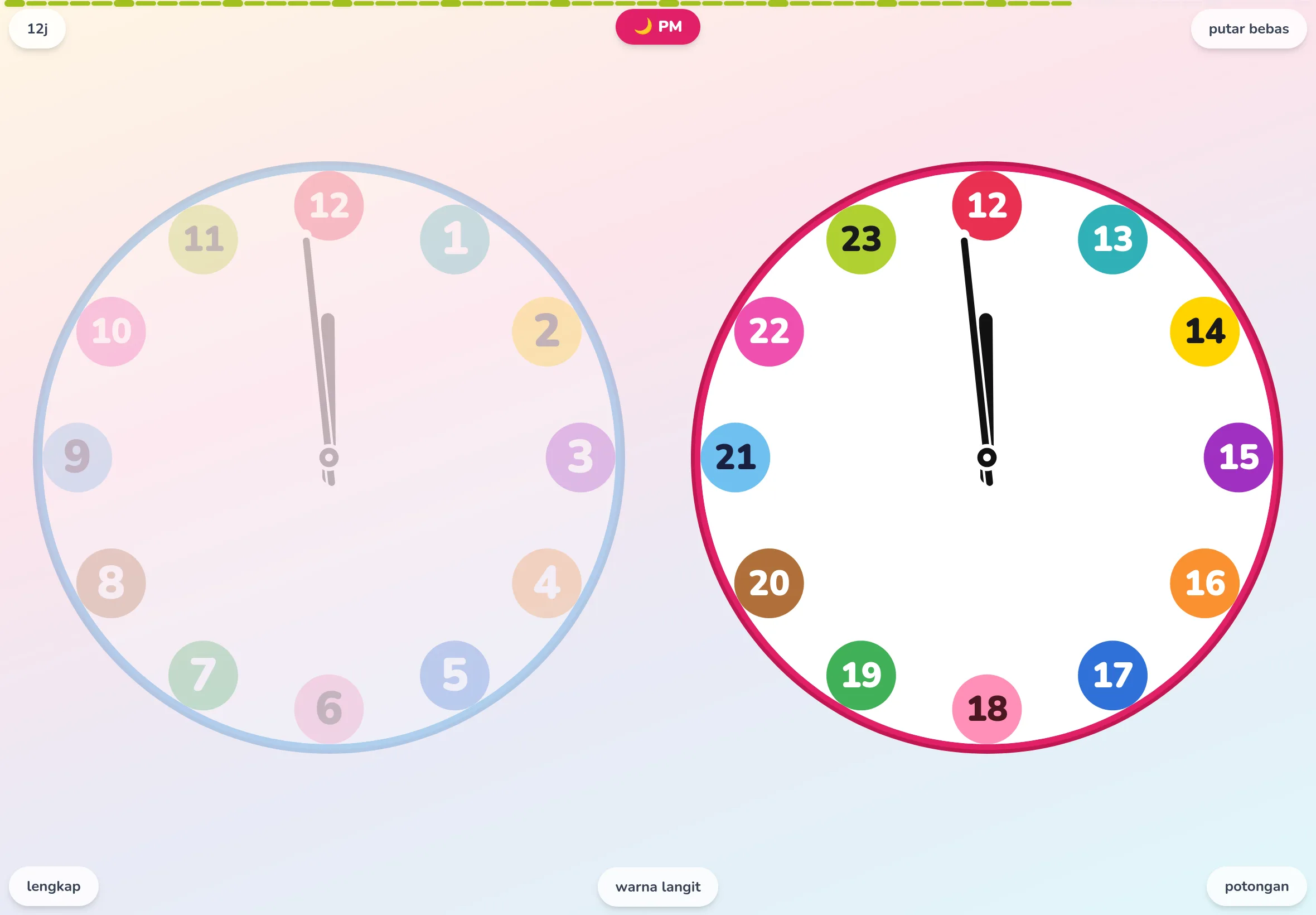 Layar tablet yang membuka aplikasi jam edukasi Futatoki the clock. Jam analog dengan cincin sektor 12 jam yang diwarnai berbeda tiap jam