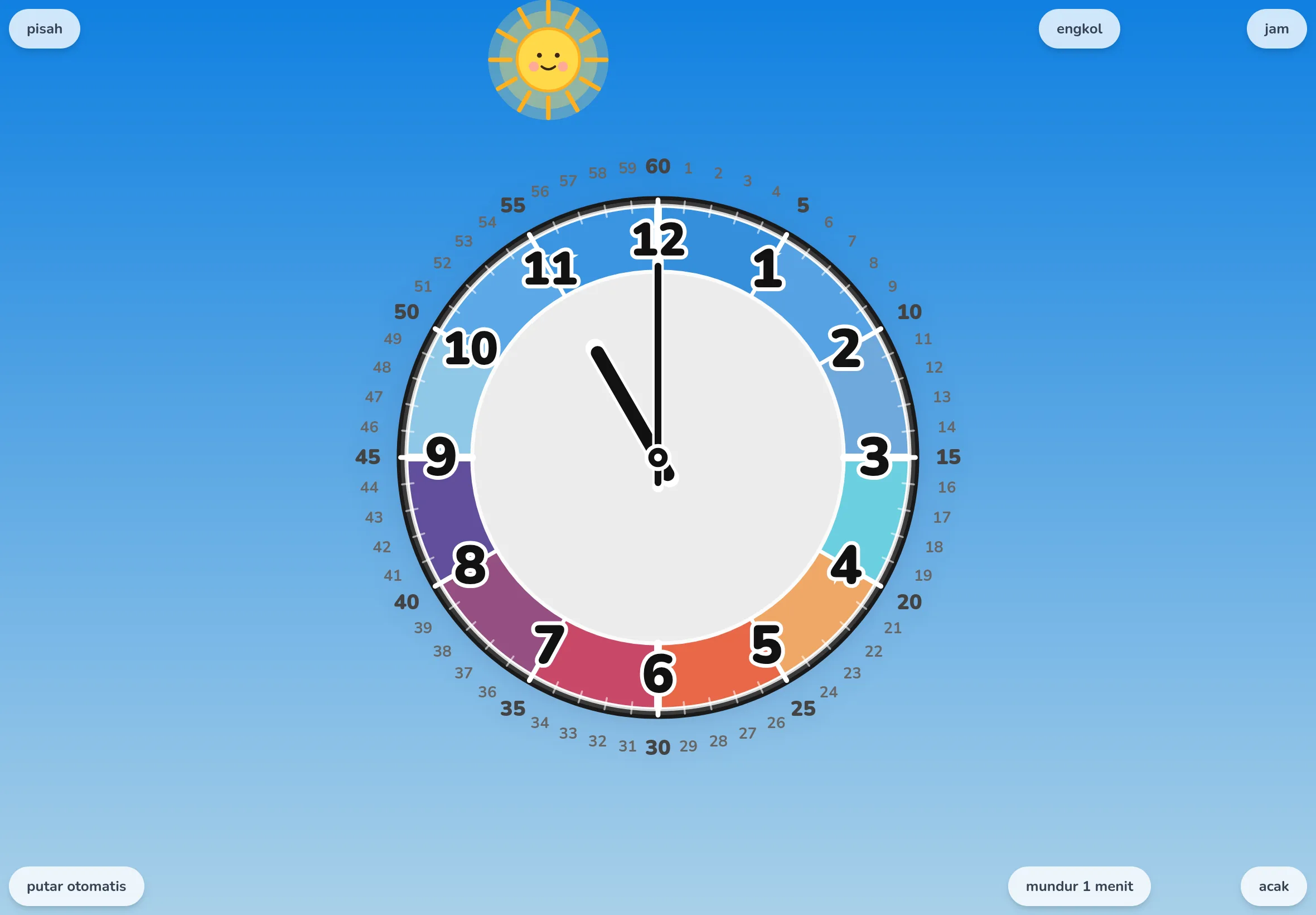 Layar Futatoki the clock dalam palet Warna Langit mode merge, tepat setelah tombol random ditekan. Hanya jarum yang meluncur pindah ke waktu acak
