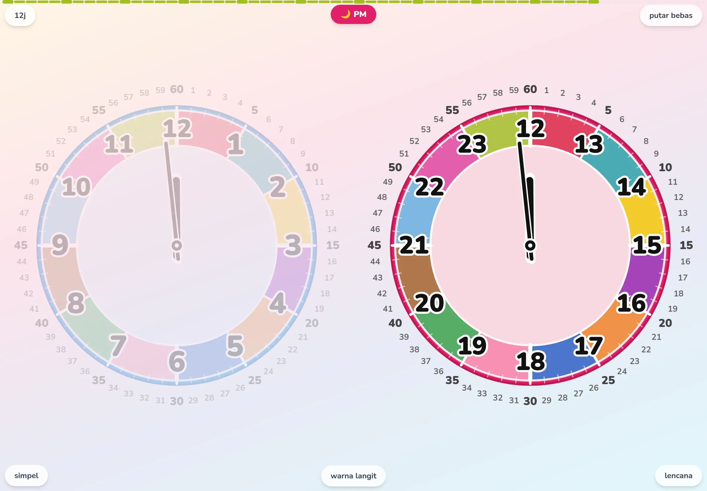 Futatoki the clock mode detailed. Angka menit 1–60 berjajar di tepi luar — aplikasi jam edukasi yang memperlihatkan mekanisme jarum panjang menunjuk menit