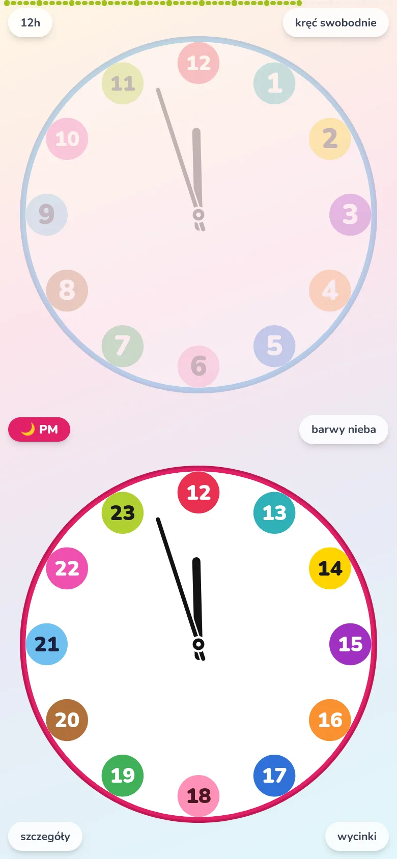 Futatoki the clock w najprostszej postaci. Zewnętrzne cyfry minut ukryte, duże kolorowe odznaki 1–12 na górze i PM 13–23 na dole