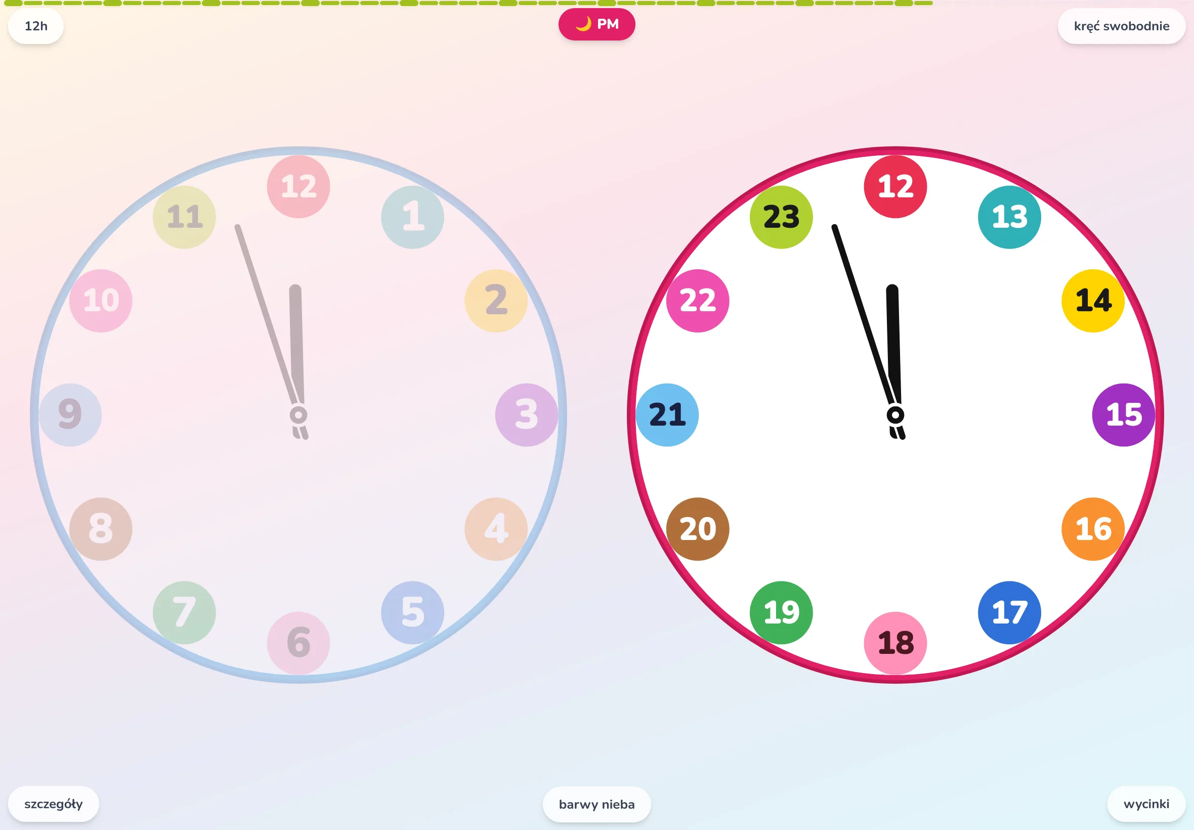 Aplikacja Futatoki the clock otwarta na tablecie — zegar analogowy z pierścieniem podzielonym na 12 godzin, każda w innym kolorze