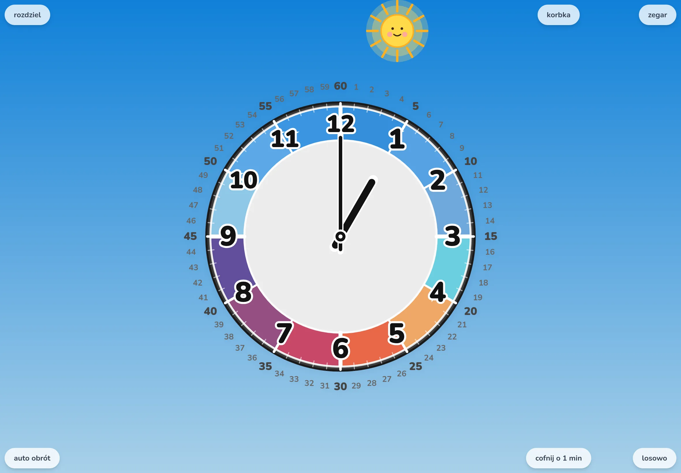 Futatoki the clock w palecie „kolory nieba”, tryb merge. Po naciśnięciu „random” wskazówki właśnie gładko przeskakują na losową godzinę