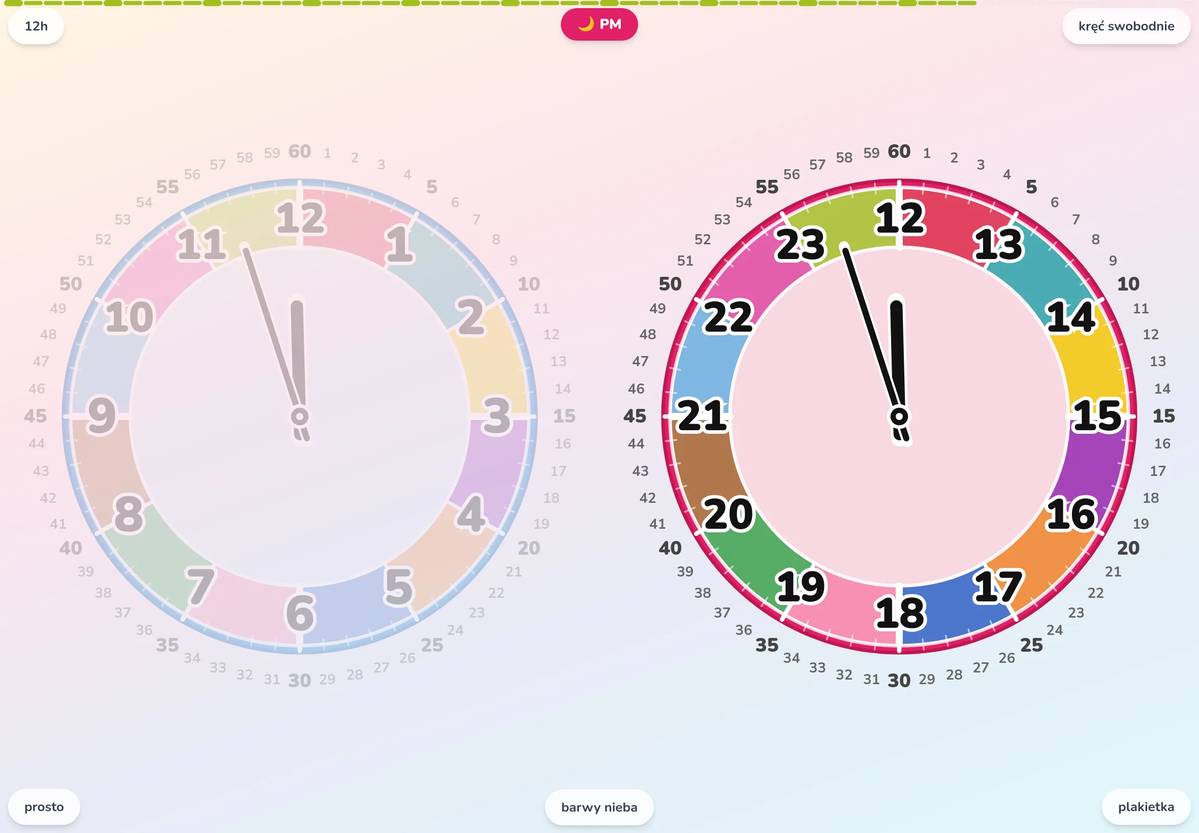 Futatoki the clock w trybie detailed. Na zewnętrznym pierścieniu pojawiają się cyfry minut 1–60 — widać, dokąd sięga długa wskazówka