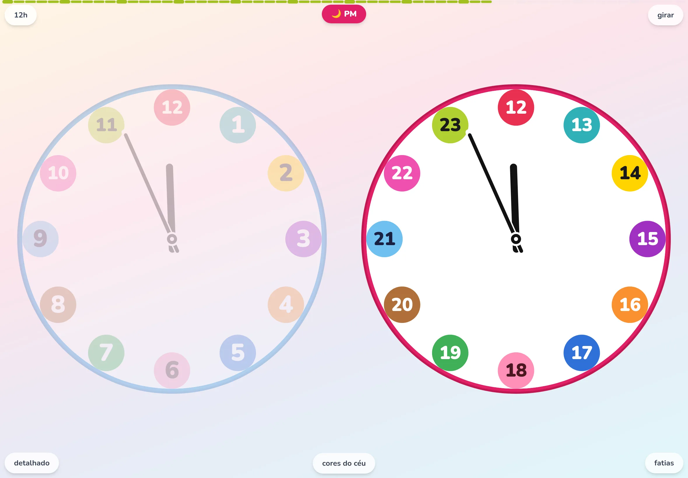 Tela do app de relógio educativo Futatoki the clock em um tablet. Relógio analógico com 12 horas pintadas em anéis em setores, uma cor diferente para cada hora.