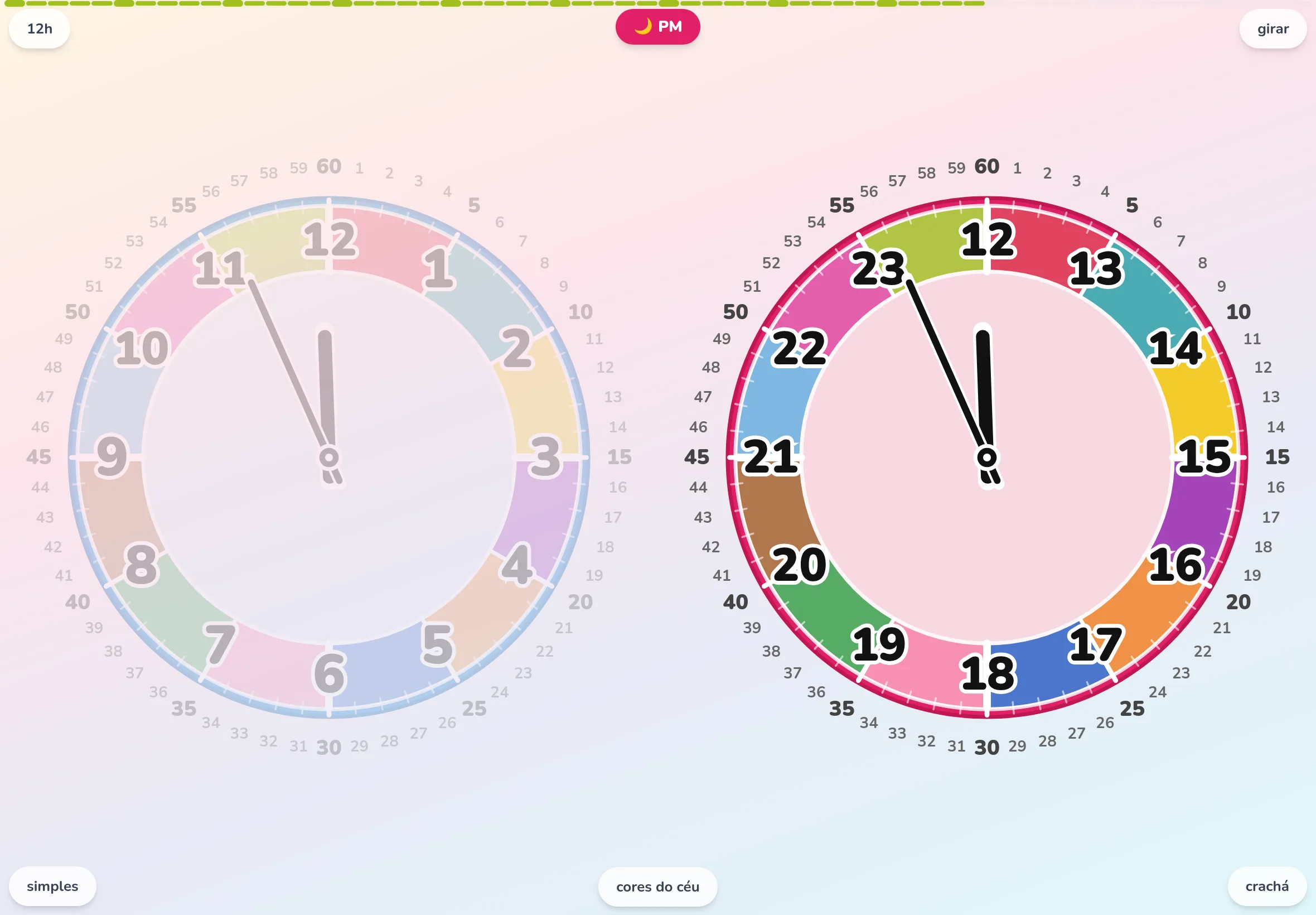 Futatoki the clock no modo detailed. Os números de 1 a 60 aparecem no anel externo, mostrando até onde chega o ponteiro maior em um relógio educativo.