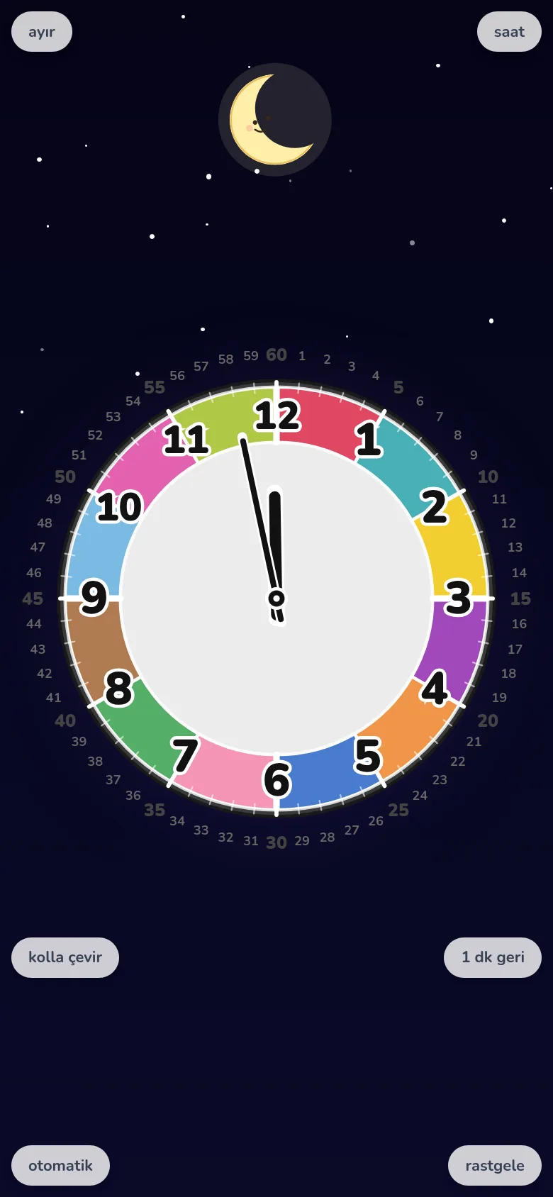 Telefonda saat okuma alıştırması yapılan ekran. Futatoki the clock eğitici saat uygulamasının serbest döndürme modu.