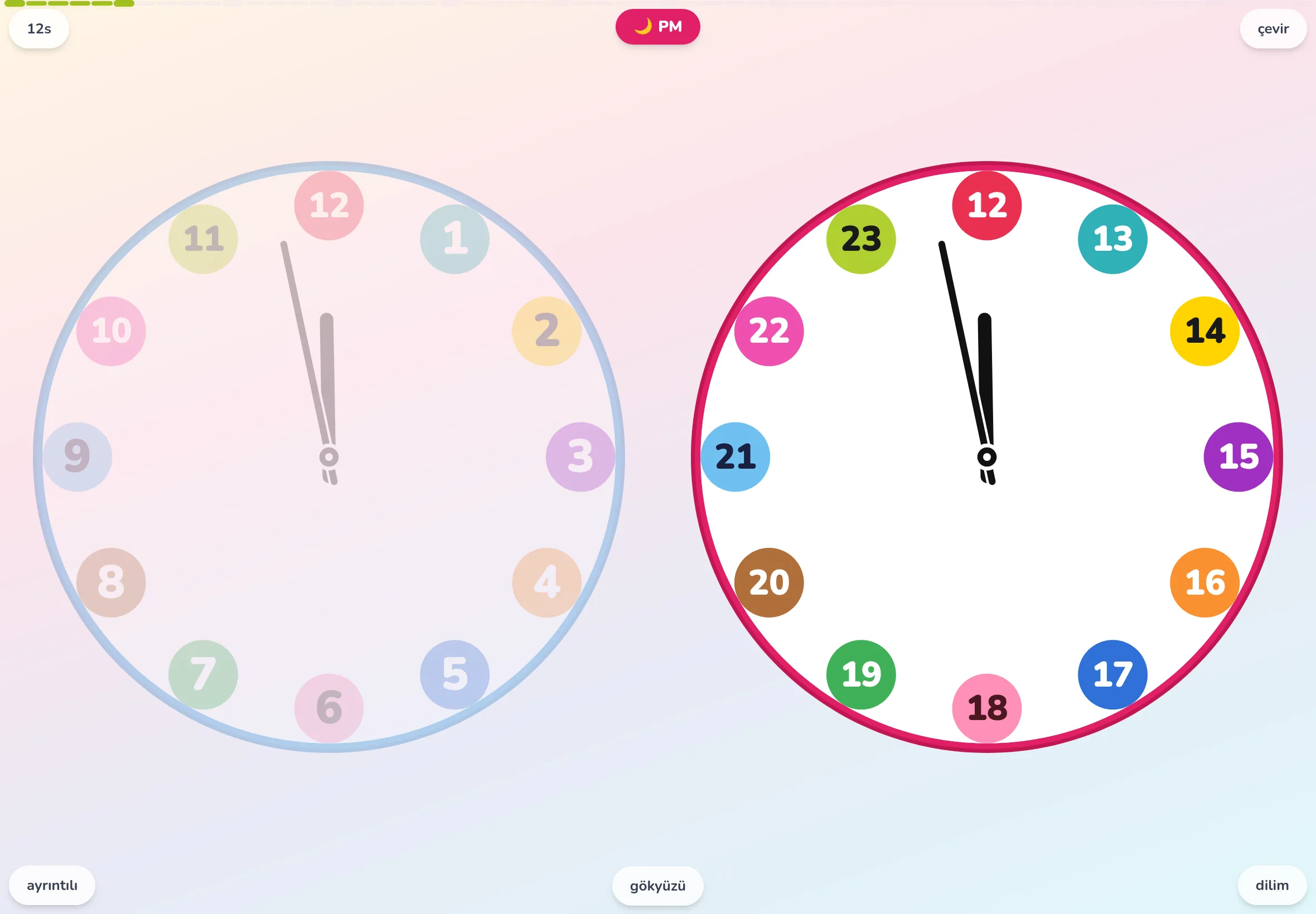 Tablette açılmış Futatoki the clock eğitici saat uygulaması. 12 saatin her biri farklı renkte dilimlerle boyanmış analog saat ekranı.