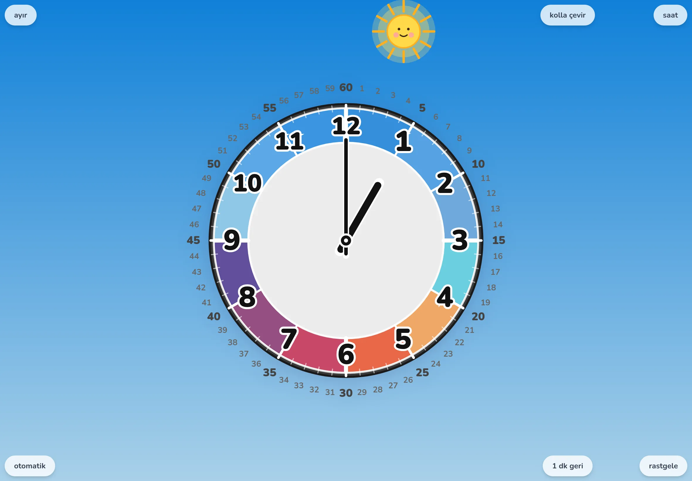 Futatoki the clock gökyüzü paleti ve birleştir modunda, rastgele düğmesine basıldıktan hemen sonra. Yalnızca ibreler başka bir saate kaymış durumda.